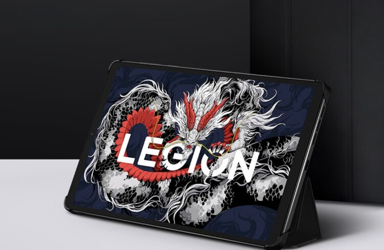 Tablet displaying dragon artwork and logo